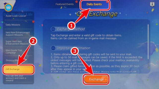 Tại mục Daily Events, anh em nhấn chọn Gift Exchange và Exchange